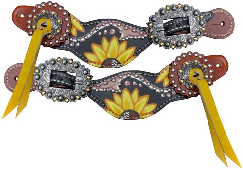 Showman Ladies Yellow and Black Sunflower Hand Painted Spur Straps
